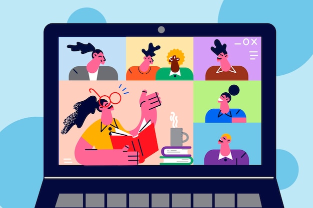 La pantalla de la computadora portátil con diversos niños y el maestro tienen una lección en línea sobre el bloqueo Los estudiantes multirraciales disfrutan de una clase de cámara web o una conferencia con un tutor o entrenador en la computadora Ilustración vectorial