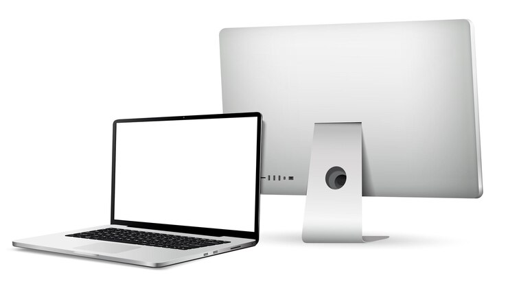 Vector pantalla de computadora y portátil con pantalla en blanco sobre fondo blanco