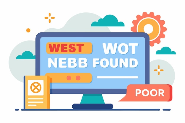 Una pantalla de computadora que muestra un mensaje de error con las palabras west wot neb found mostrado analizar errores en la web error no encontrado Ilustración vectorial plana simple y minimalista