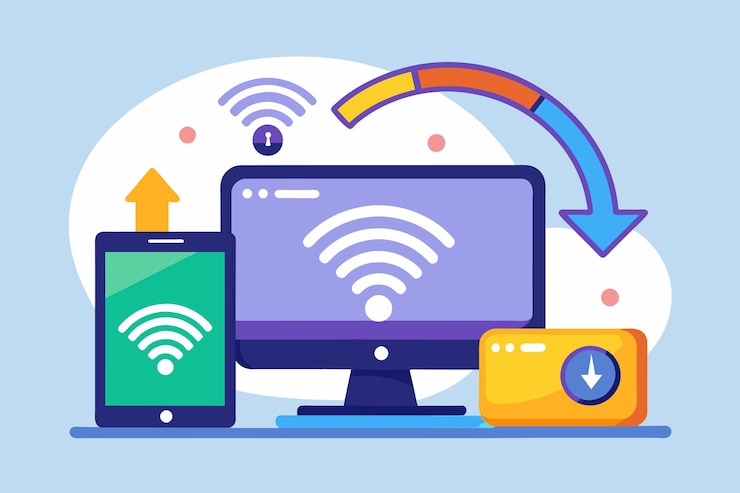Vector pantalla de la computadora que muestra el proceso de conexión wifi con opciones de red para la actualización el proceso de actualización de una computadora con una red wifi ilustración vectorial plana simple y minimalista