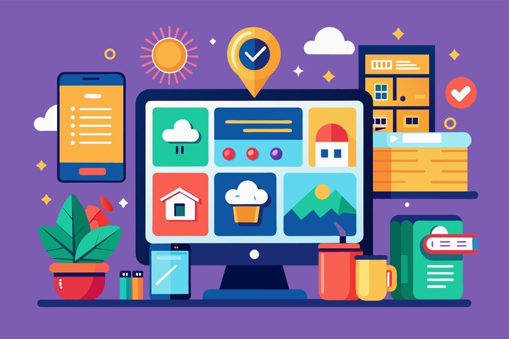 Vector una pantalla de computadora que muestra una variedad de iconos en un diseño personalizable pantalla de inicio personalizable ilustración desproporcionada