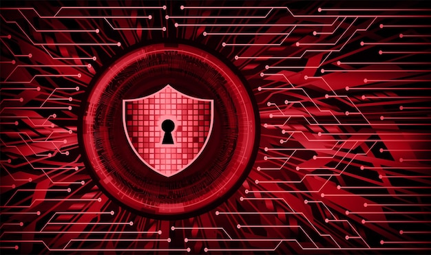Una pantalla de computadora roja y negra con un escudo y un ojo de cerradura en el medio.