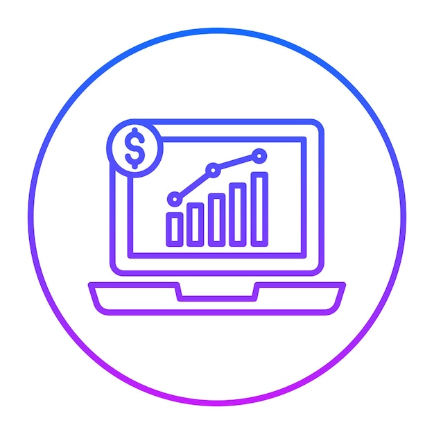 una pantalla de computadora con un signo de dólar en ella y un círculo azul con una línea de gráficos en la pantalla
