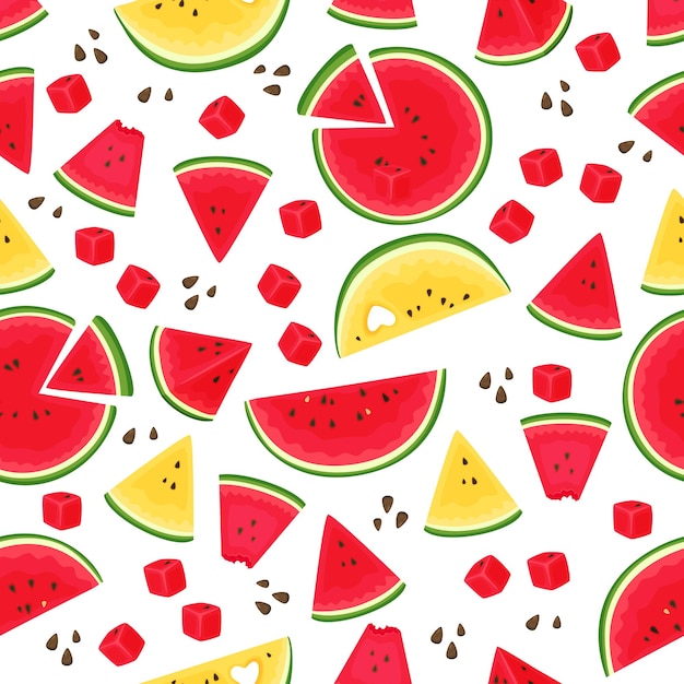 Pantalla sin costura de sandía Fruta jugosa de verano rebanadas rojas y amarillas con semillas cubos dulces papel pintado de colores brillantes bayas tropicales sabrosas reciente decoración de fondo impresión vectorial textil