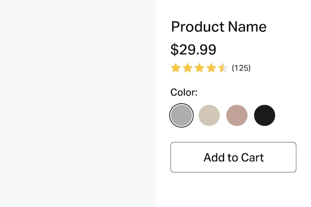 Pantalla de detalles del producto con imagen de precio y selecciones de colores