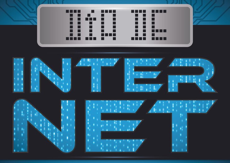 Vector pantalla digital y placa de circuito azul con código binario para el día de internet escrito en español
