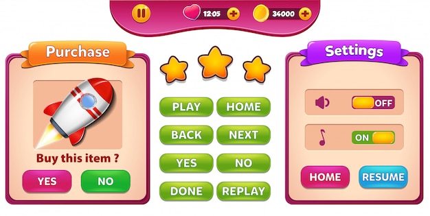 Pantalla emergente del menú de compra y configuración con estrellas y botón