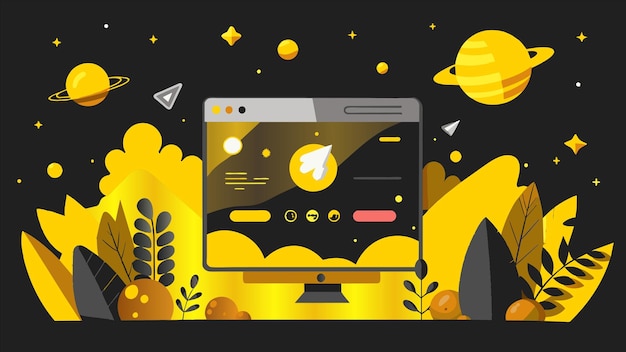 una pantalla con una imagen de un planeta y un fondo amarillo