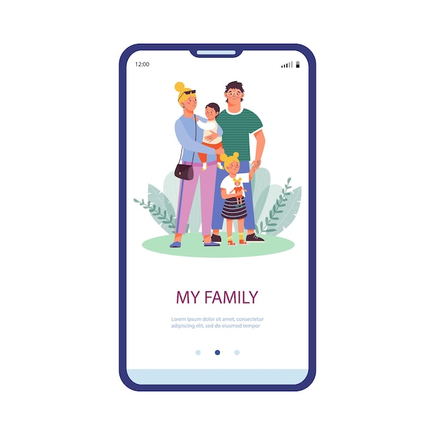 Vector pantalla de incorporación con familia sonriente y niños ilustración vectorial plana