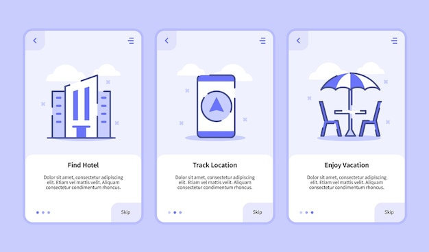 Pantalla de incorporación del hotel interfaz de usuario moderna plantilla de ux ui para aplicaciones móviles, teléfonos inteligentes, busque la ubicación de la pista del hotel, disfrute de las vacaciones con estilo plano