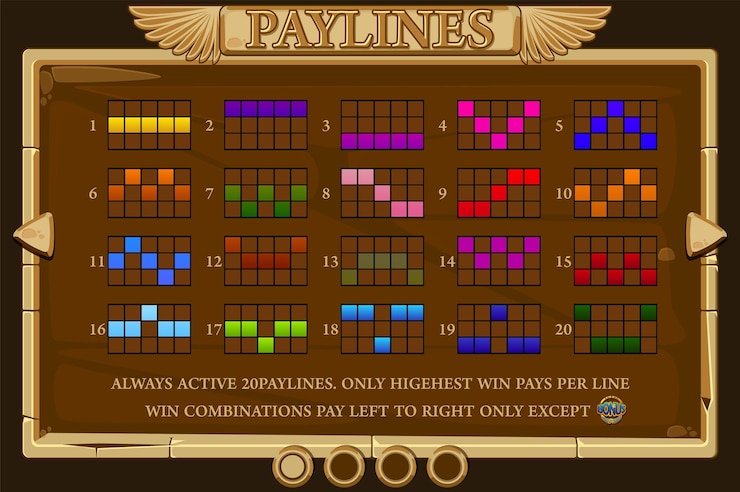 Vector pantalla de información para el juego de tragamonedas líneas de pago pantalla de juego tragamonedas egipcias para el desarrollo de juegos popup juego ui