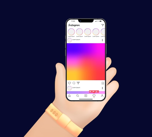 Vector pantalla de instagram redes sociales en la mano plantilla de interfaz de red social maqueta de instagram marco de fotos de insta historias que le gustaron corriente vector editorial