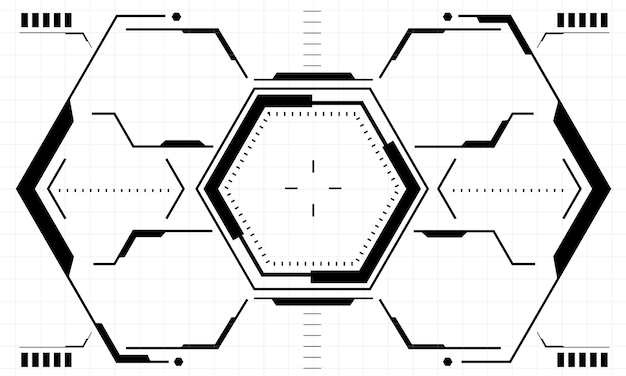 Pantalla de interfaz de ciencia ficción HUD hexágono negro geométrico blanco futuro virtual tecnología visualización vector