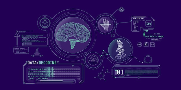 Pantalla de interfaz futurista de investigación cerebral con decodificación de datos
