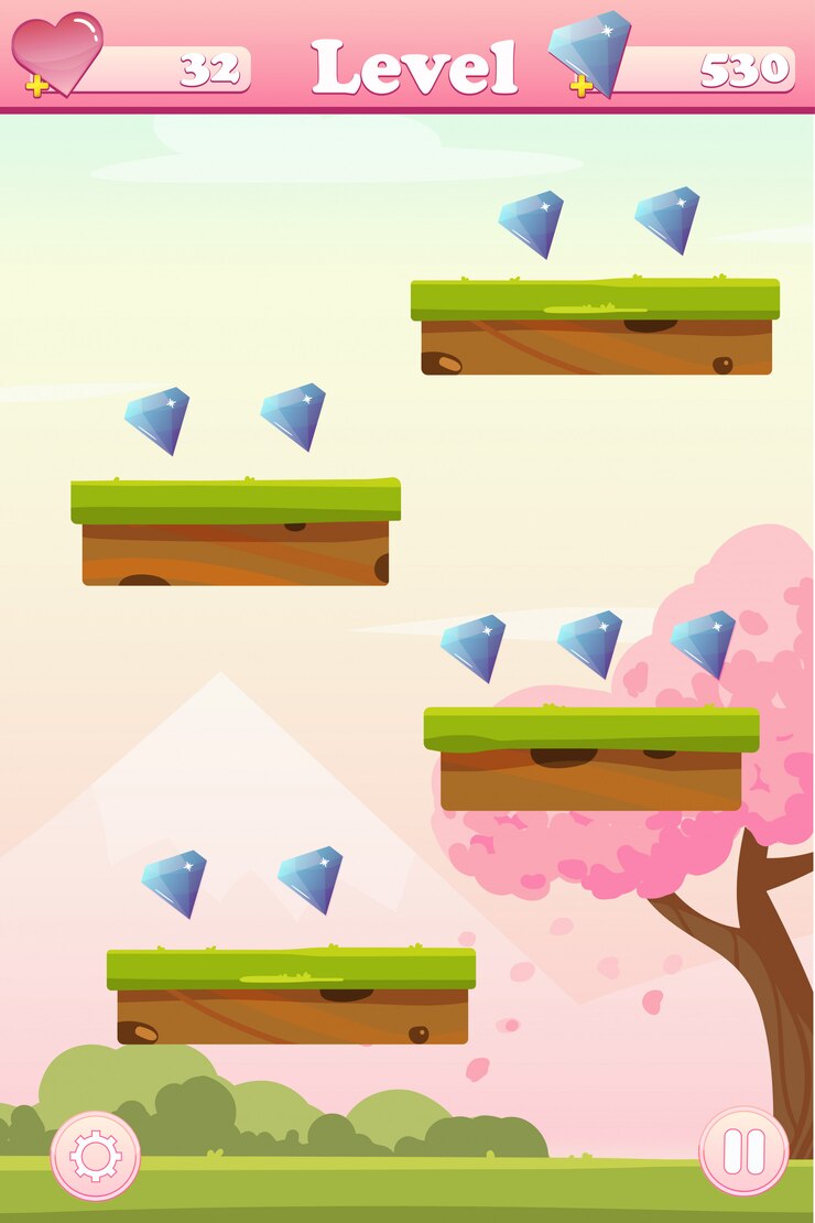 Vector pantalla de juego de primavera con plataformas y gemas