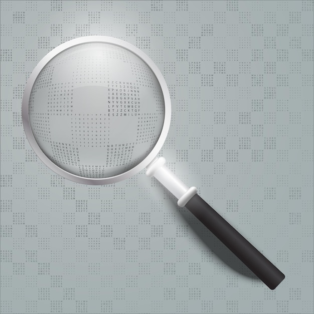 Pantalla llena de caracteres alfanuméricos que representan el cifrado y la palabra contraseña enfatizada por una ilustración vectorial de lupa