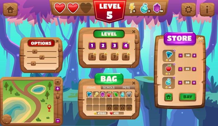 Vector pantalla de menú de juego de dibujos animados fondo de juego de rompecabezas con elementos de interfaz botones iconos panel de menú puntuaciones y barra de progreso vector activo casual