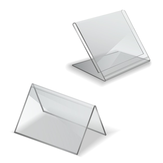 Pantalla de mesa Soporte vacío realista Tarjeta de nombre de tablero de plástico 3D para evento o etiqueta de precio minorista Maqueta de insignias publicitarias Conjunto de vectores de soportes de información de acrílico y vidrio transparente