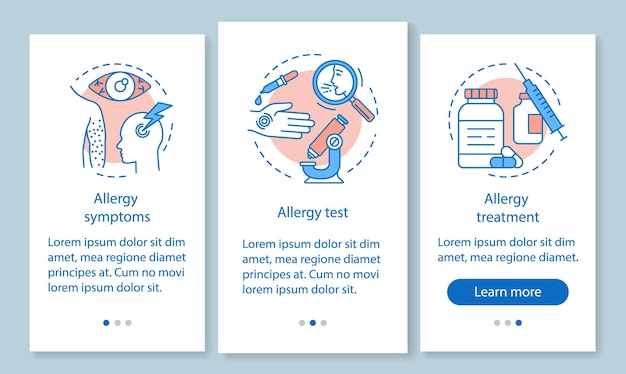 Pantalla de la página de la aplicación móvil de incorporación de alergias con conceptos lineales. Síntomas de enfermedades alérgicas, prueba, instrucciones gráficas de pasos de tutorial de tratamiento. UX, UI, plantilla de vector de GUI con ilustraciones