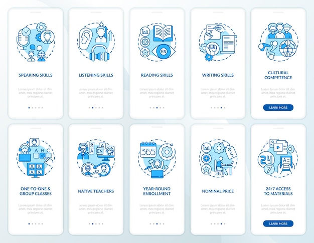 Pantalla de la página de la aplicación móvil de incorporación de aprendizaje de idiomas con el conjunto de conceptos. pasos del tutorial de cursos de estudio de inglés en línea. ilustraciones de plantilla de interfaz de usuario