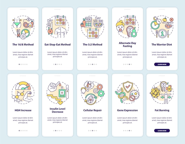 Pantalla de la página de la aplicación móvil de incorporación de ayuno intermitente con el conjunto de conceptos. alimentación saludable. tutorial de dieta 5 pasos. plantilla de interfaz de usuario con ilustraciones en color rgb
