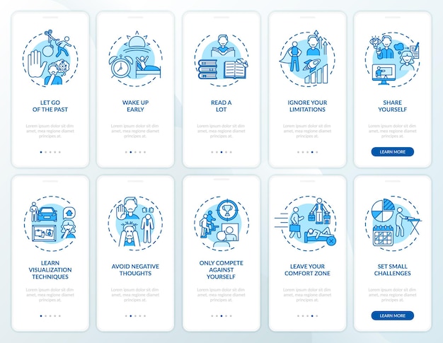 Pantalla de página de la aplicación móvil de incorporación azul de consejos de autodesarrollo con conjunto de conceptos