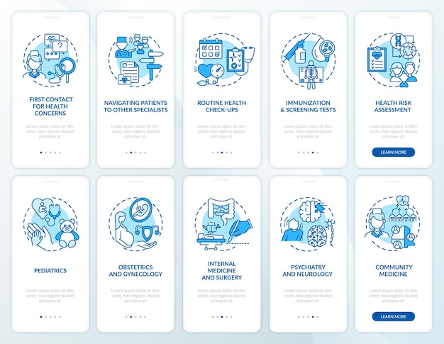 Pantalla de la página de la aplicación móvil de incorporación azul del médico de familia con el conjunto de conceptos. Tutorial de atención médica con instrucciones gráficas de 5 pasos. UI, UX, plantilla GUI con ilustraciones lineales en color