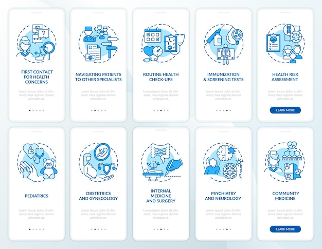 Pantalla de la página de la aplicación móvil de incorporación azul del médico de familia con el conjunto de conceptos. tutorial de atención médica con instrucciones gráficas de 5 pasos. ui, ux, plantilla gui con ilustraciones lineales en color