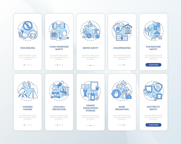 Pantalla de página de la aplicación móvil de incorporación azul de seguridad infantil con conjunto de conceptos