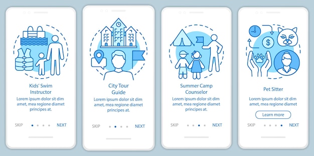 Pantalla de la página de la aplicación móvil de incorporación azul de trabajos a tiempo parcial de verano con conceptos lineales. Instructor de natación, instrucciones gráficas de los pasos del recorrido del guía turístico. UX, UI, plantilla vectorial GUI con ilustraciones