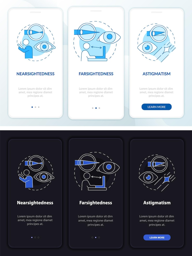 Vector pantalla de la página de la aplicación móvil de incorporación en blanco y negro de la operación de la vista. tutorial de cirugía instrucciones gráficas de 3 pasos con conceptos. ui, ux, plantilla de vector de gui con ilustraciones lineales en modo nocturno y diurno