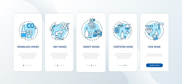 Pantalla de la página de la aplicación móvil de incorporación de cata de vinos con conceptos. Proceso de vinificación a partir de la cosecha de la uva a través de instrucciones gráficas de 5 pasos. Plantilla de vector de interfaz de usuario con ilustraciones en color RGB