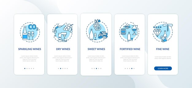 Pantalla de la página de la aplicación móvil de incorporación de cata de vinos con conceptos. proceso de vinificación a partir de la cosecha de la uva a través de instrucciones gráficas de 5 pasos. plantilla de vector de interfaz de usuario con ilustraciones en color rgb