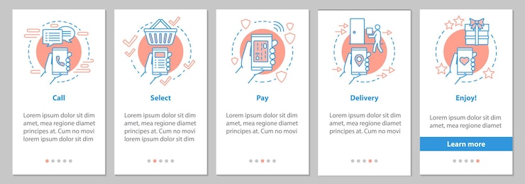 Vector pantalla de la página de la aplicación móvil de incorporación de compras en línea con conceptos lineales. instrucciones gráficas de compra digital. ux, ui, plantilla de vector de gui con ilustraciones