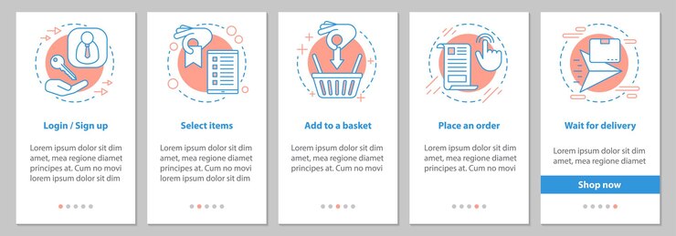 Vector pantalla de la página de la aplicación móvil de incorporación de compras en línea con conceptos lineales. ruta digital para las instrucciones gráficas de los pasos de compra. ux, ui, plantilla de vector de gui con ilustraciones