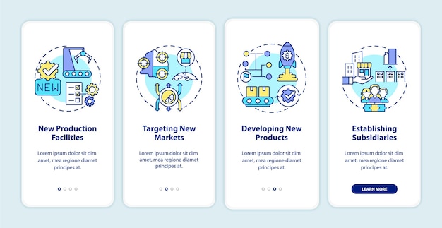 Pantalla de la página de la aplicación móvil de incorporación de crecimiento empresarial interno. Tutorial de expansión de la empresa Instrucciones gráficas de 4 pasos con conceptos. UI, UX, plantilla de vector de GUI con ilustraciones en colores lineales