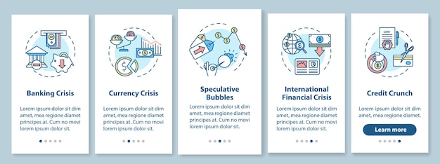 Pantalla de la página de la aplicación móvil de incorporación de crisis financiera con conceptos. Tutorial de recesión económica internacional instrucciones gráficas de cinco pasos. Plantilla de vector de interfaz de usuario con ilustraciones en color RGB