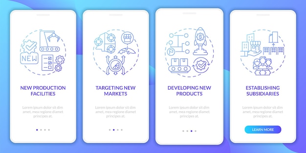 Pantalla de la página de la aplicación móvil de incorporación de degradado azul de crecimiento empresarial interno. Instrucciones gráficas de 4 pasos con conceptos. UI, UX, plantilla vectorial GUI con ilustraciones en color lineal