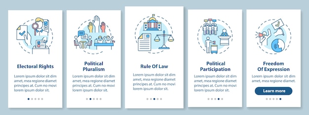Pantalla de la página de la aplicación móvil de incorporación de derechos políticos con conceptos. Imperio de la ley. Libertad de expresión. Instrucciones gráficas de pasos de tutorial. Plantilla de interfaz de usuario con ilustraciones en color RGB