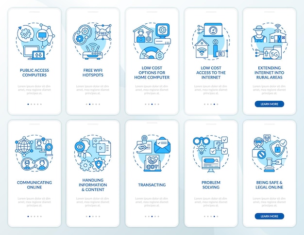 Pantalla de la página de la aplicación móvil de incorporación digital azul con el conjunto de conceptos. Tutorial de digitalización Instrucciones gráficas de 5 pasos.