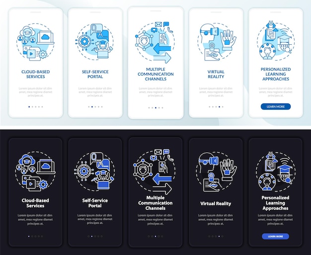 Pantalla de la página de la aplicación móvil de incorporación de educación digital. Tutorial tecnológico Instrucciones gráficas de 5 pasos con conceptos. UI, UX, plantilla de vector GUI con ilustraciones lineales en modo día y noche