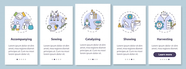 Pantalla de la página de la aplicación móvil de incorporación de gestión corporativa con conceptos. Orientación para colega. Soporte para empleados con instrucciones gráficas de 5 pasos. Plantilla de interfaz de usuario con ilustraciones en color RGB