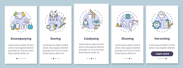 Pantalla de la página de la aplicación móvil de incorporación de gestión corporativa con conceptos. orientación para colega. soporte para empleados con instrucciones gráficas de 5 pasos. plantilla de interfaz de usuario con ilustraciones en color rgb