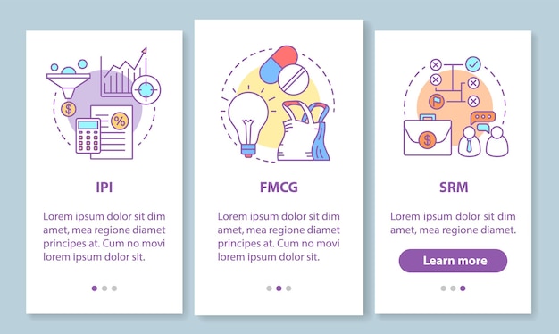 Pantalla de la página de la aplicación móvil de incorporación de la gestión de la industria con conceptos lineales. Instrucciones gráficas de pasos de tutorial de fabricación, IPI, FMCG, SRM. UX, UI, plantilla de vector de GUI con ilustraciones