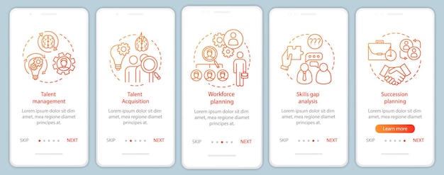 Pantalla de la página de la aplicación móvil de incorporación de gestión de talento con conceptos lineales Adquisición de talento de la fuerza laboral Pasos de tutorial de pasantía instrucciones gráficas Ilustraciones de plantilla de vector UX UI GUI