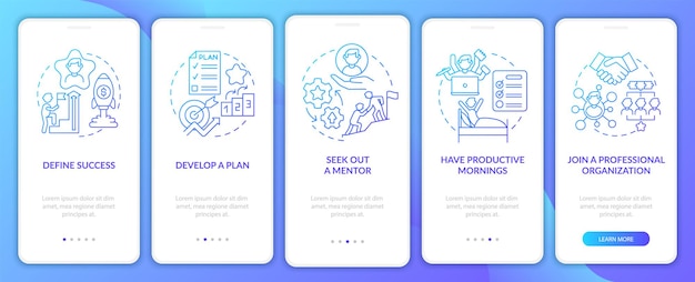Pantalla de la página de la aplicación móvil de incorporación de gradiente de pasos de avance profesional