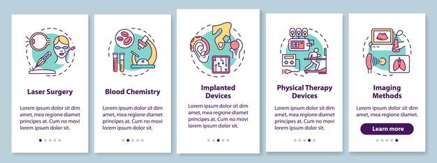 Pantalla de página de aplicación móvil de incorporación de ingeniería biomédica con conceptos lineales. Cirugía laser. Química de la sangre. Instrucciones gráficas de cinco pasos de tutorial. UX, UI, plantilla de vector GUI, ilustraciones