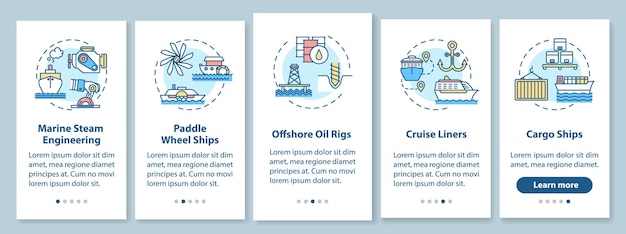Pantalla de la página de la aplicación móvil de incorporación de ingeniería marina con conceptos. Plataforma petrolera costa afuera. Tipos de recipientes de agua tutorial Instrucciones gráficas de 5 pasos. Plantilla de vector de interfaz de usuario con ilustraciones en color RGB