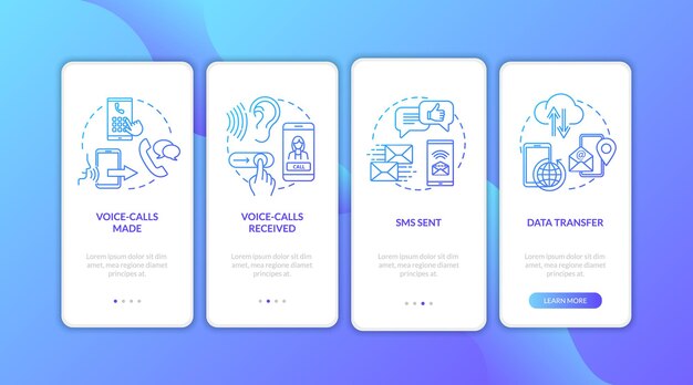 Pantalla de la página de la aplicación móvil de incorporación de llamadas de voz en itinerancia con conceptos. Transferencia de datos y SMS, tutorial de servicios móviles, instrucciones gráficas de 4 pasos. Plantilla de vector de interfaz de usuario con ilustraciones en color RGB