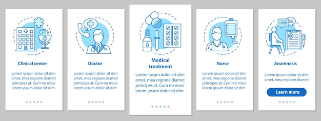 Pantalla de la página de la aplicación móvil de incorporación de medicina y atención médica con conceptos lineales. médico, enfermera, clínica, tratamiento, anamnesis. instrucciones gráficas de los pasos del servicio médico. ux, interfaz de usuario, ilustración vectorial gui